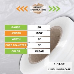 12 Rolls 5″x1000′ 80 Ga Cast Narrow Stretch Wrap Clear Film w/ Black Handle