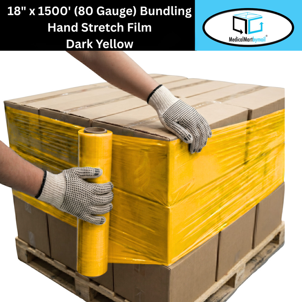 8 Rls 18″x1500′ Cast Packing Stretch Film Shrink Hand Wrap 80 Ga Dark Yellow