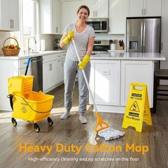 38 Qt Commercial Mop Bucket with Side Press Wringer on Wheels & Mops Set