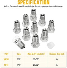 10Pack Hydraulic Hose Fittings: 1/2″ NPSM Female x 1/2″ NPTF Male Thread w/Cover
