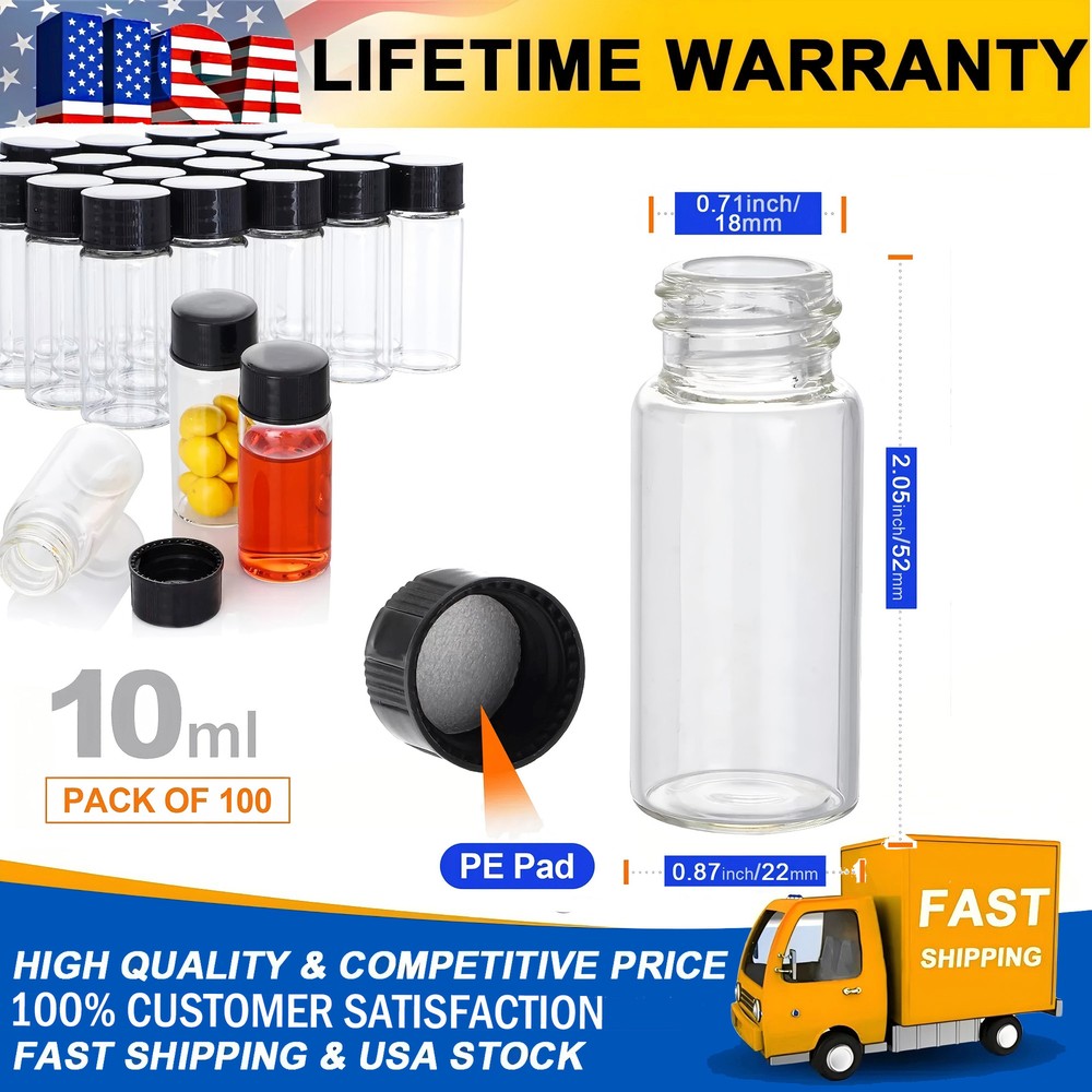 100Pcs 10ml Borosilicate Glass Vials w/Screw Cap Clear Liquid Sample Vial Bottle