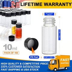 100Pcs 10ml Borosilicate Glass Vials w/Screw Cap Clear Liquid Sample Vial Bottle