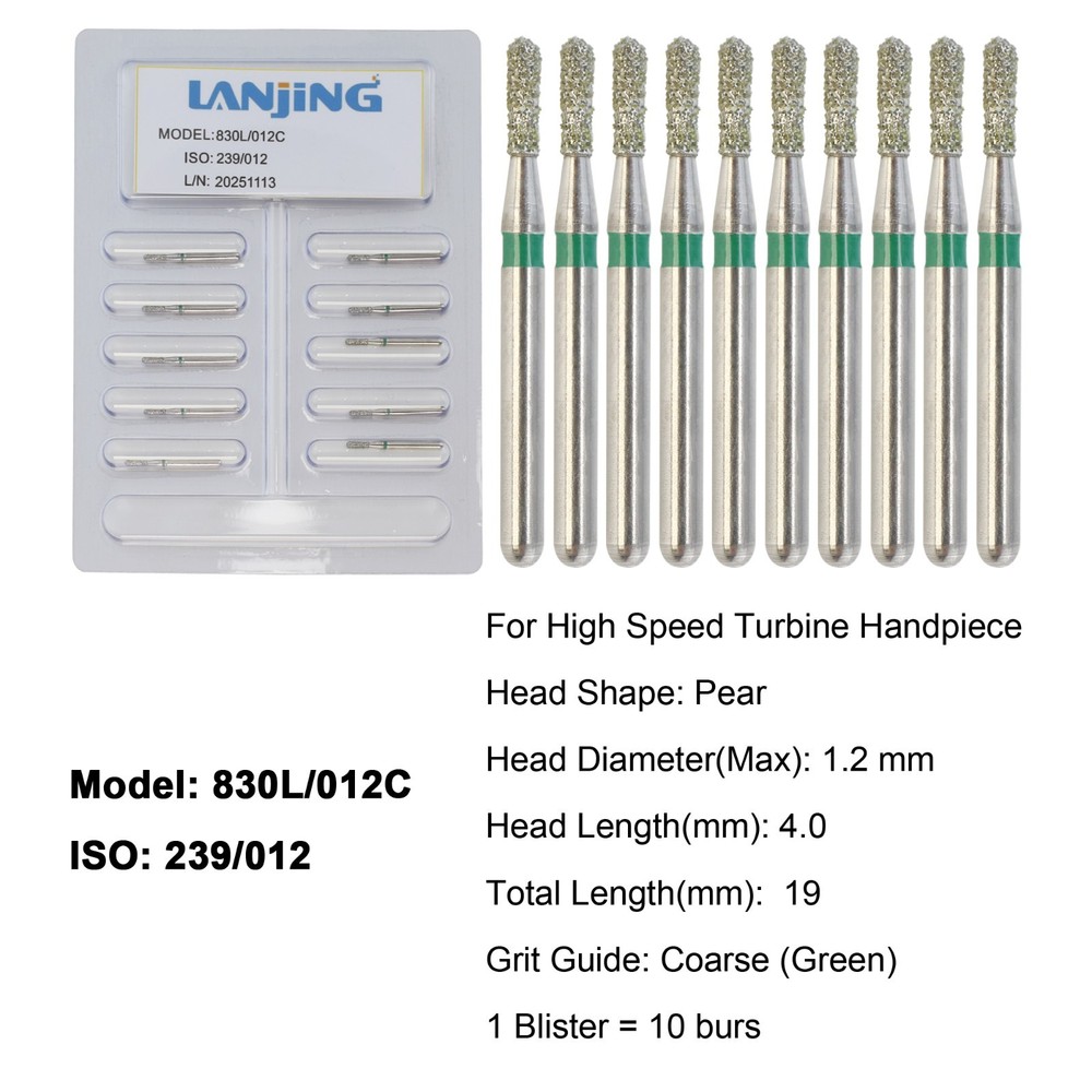 Dental Diamond Burs Pear Bur Coarse 830L/012C FG High Speed Friction Grip
