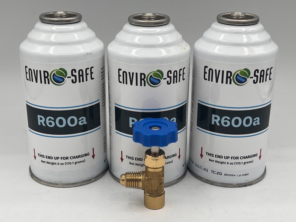 Envirosafe R600a Refrigerant 3 can Tap, 6oz Can, Pharmaceutical Grade 99.7% Pure