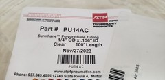 ATP PU14AC SURETHANE POLYURETHANE TUBING, 1/4″ OD x .156″ ID, 100′ CLEAR, NIB