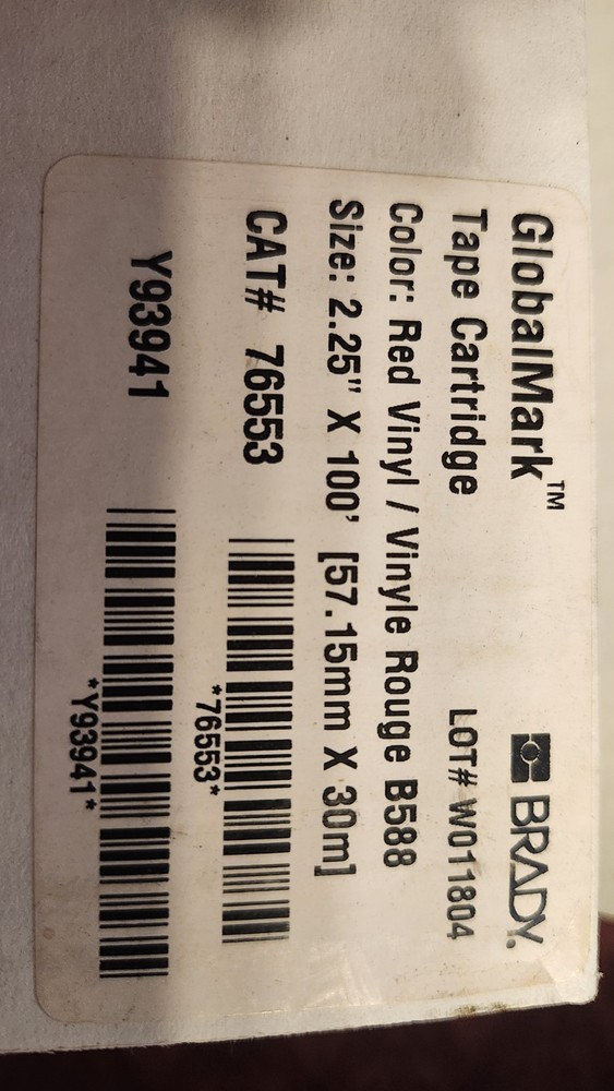 Brady 76553 Vinyl Red Label Tape Cartridge 2.25″ x 100′ GlobalMark Y93941 B588