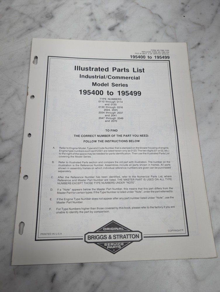 BRIGGS STRATTON 195400 TO 195499 ILLUSTRATED PARTS LIST MANUAL CATALOG BOOK 1984