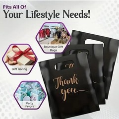 Black Gold Thank You Bags Business Retail Party Plastic Shopping 8”x12”in 100PCS