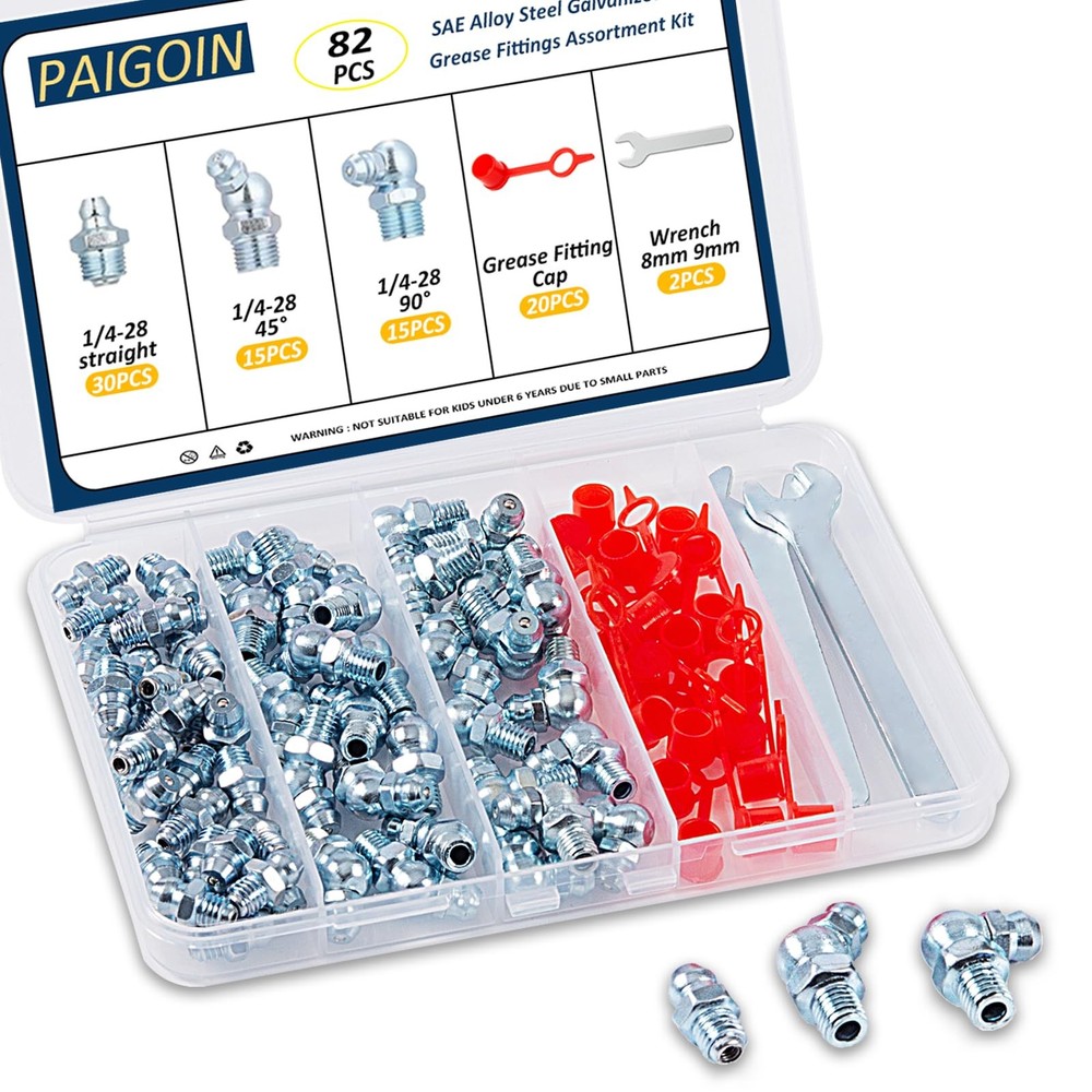 1/4″-28 SAE Grease Fittings – 82PCS Zerk Fittings Kit with Caps and Wrench St…