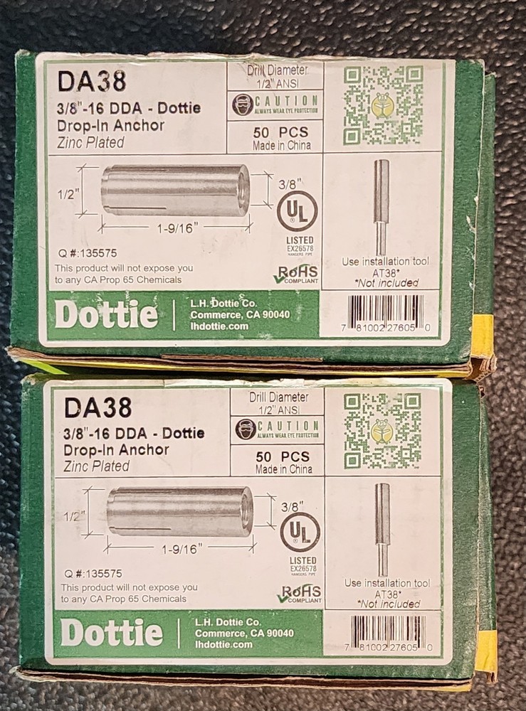 2 Pack QTY:50 DOTTIE DA38 DROP-IN ANCHOR 1-9/16”x 3/8”x 1/2”