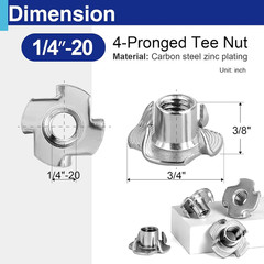 100 Pack 1/4″-20 T Nuts for Wood, Zinc-Plated Carbon Steel 4-Prong Tee Nuts for