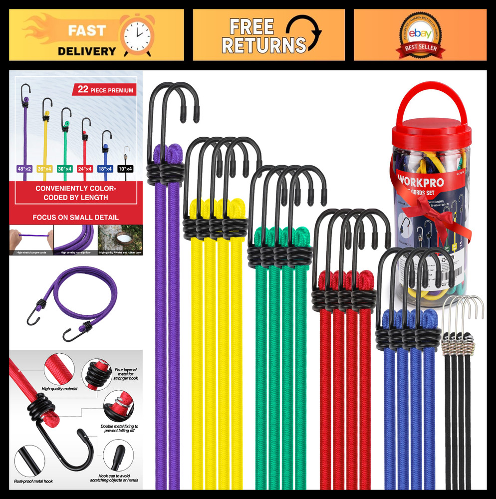 Heavy Duty Bungee Cords Set – 22 PCS Assorted Lengths with Hooks & Storage Jar