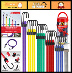 Heavy Duty Bungee Cords Set – 22 PCS Assorted Lengths with Hooks & Storage Jar