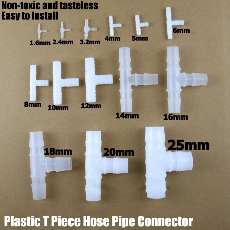 1.6mm-25mm Plastic T Piece Hose Pipe Barbed Connector 3 Way Tubing Air / Water