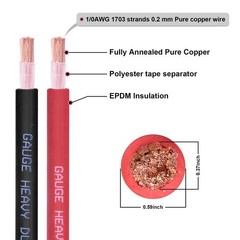 1/0 Gauge Battery Cable, 15ft Red + 15ft Black 1/0 Awg Pure Copper Wire Welding
