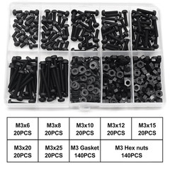 M3 Black Nylon Plastic Pan round Head Screws, Nut Bolts, Gasket Assortment Kit(M