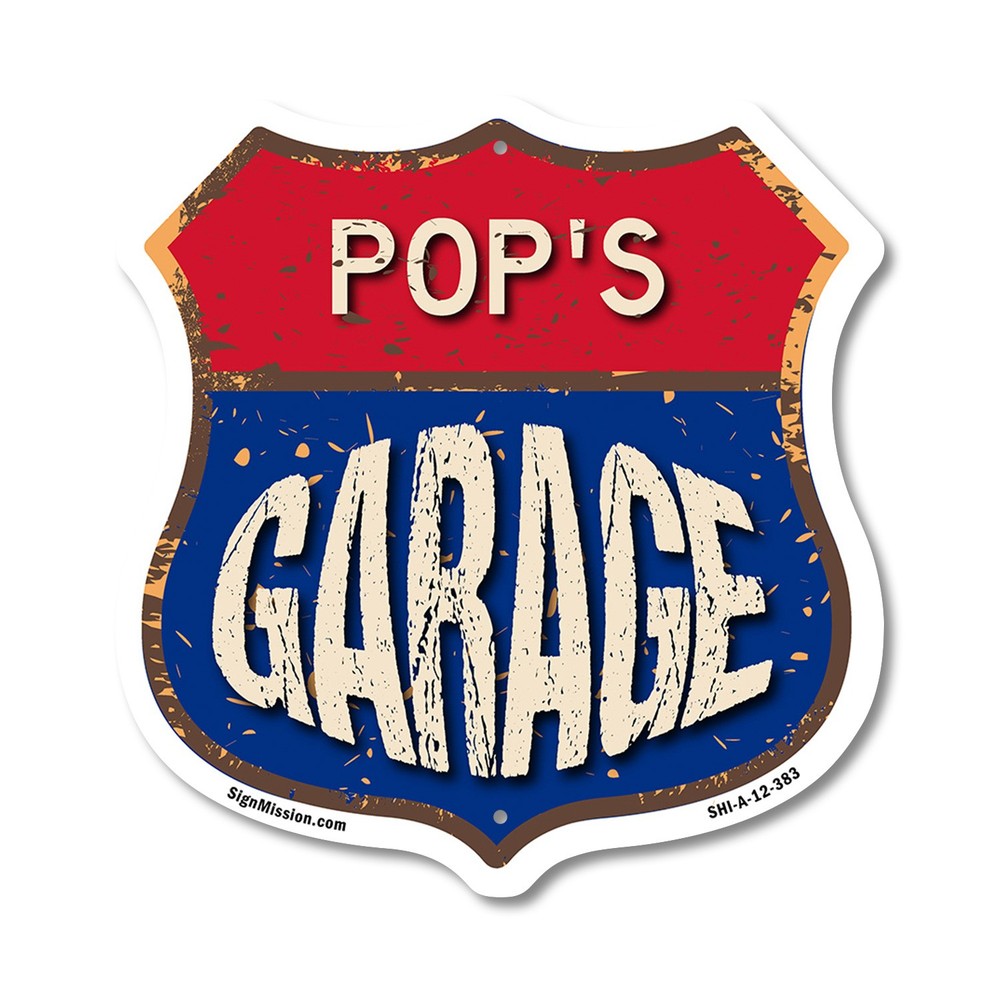Pop’s Garage Shield Shaped Sign Weather Resistant Crafted in the USA