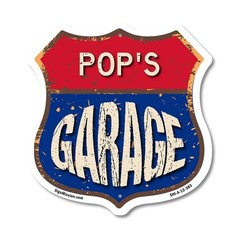 Pop’s Garage Shield Shaped Sign Weather Resistant Crafted in the USA