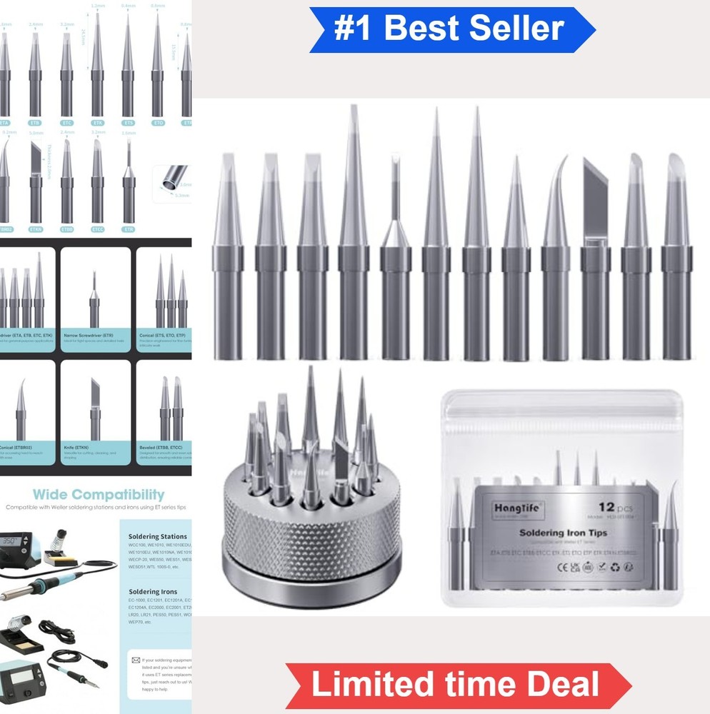 Soldering Tips Set 12 Piece ET Series with Rotating Holder for Weller Stations