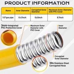 38ft 1/2″ Flexible Gas Line CSST Stainless Steel Pipe Kit with 2 Male Adapters