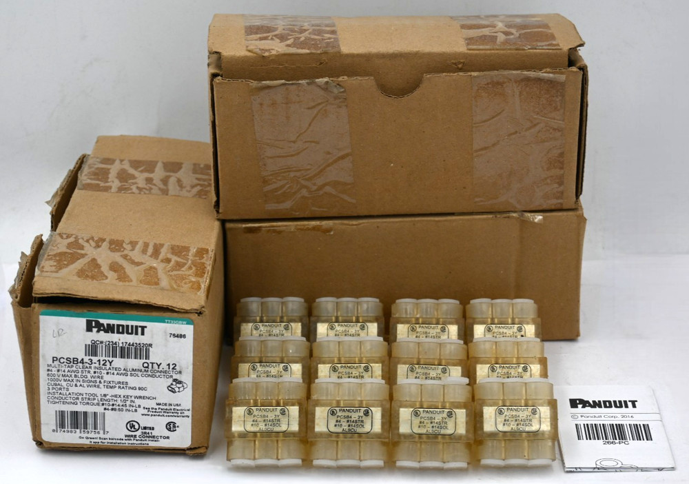 PANDUIT PCSB4-3-12Y MULTI-TAP CLEAR INSULATED ALUMINUM CONNECTOR BLOCK BOX OF 12