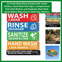 12 Pack Wash Rinse Sanitize Sink Labels Stickers, Hand Wash Sink Sign, 3 comp…