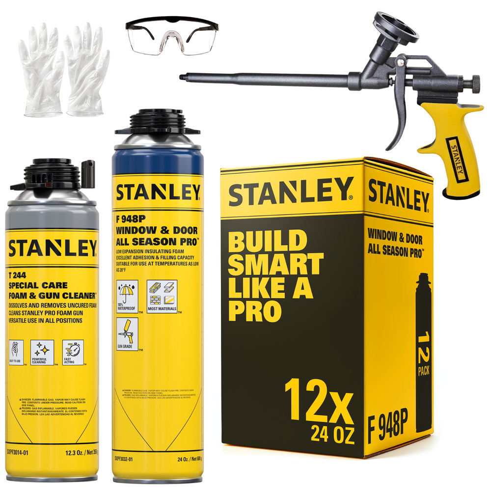 Stanley F948 All Seasons Pro Gap Filler Gun Foam 24oz, 12 Pack -Gun Included Set