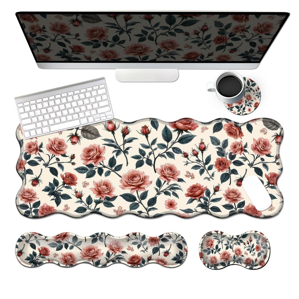 Keyboard Mouse Pad Set,Retro Flowers 31.5L x 11.8W inches, Retro