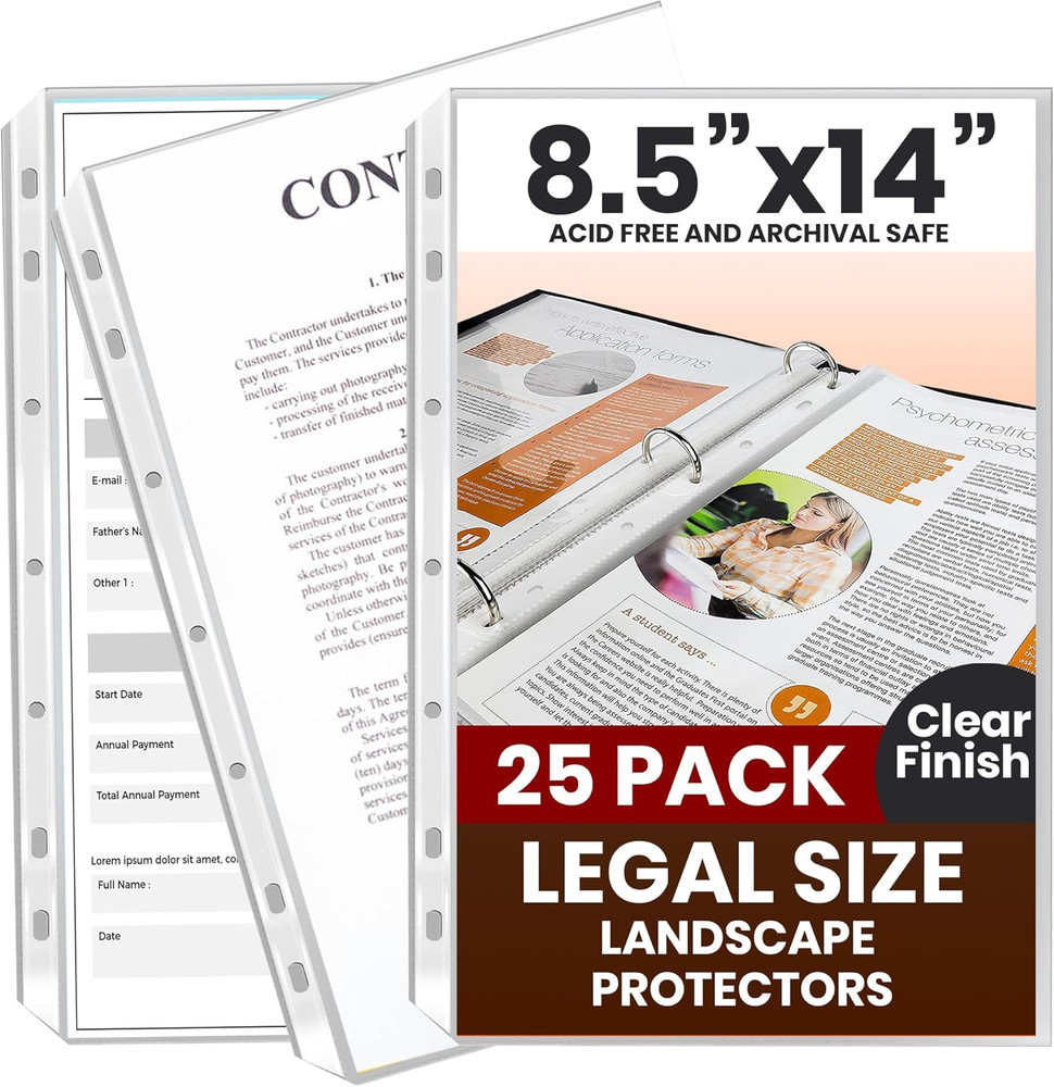 25 Pack of 8.5X14 Legal Size Heavyweight Long Clear Sheet Protectors, Plastic Le