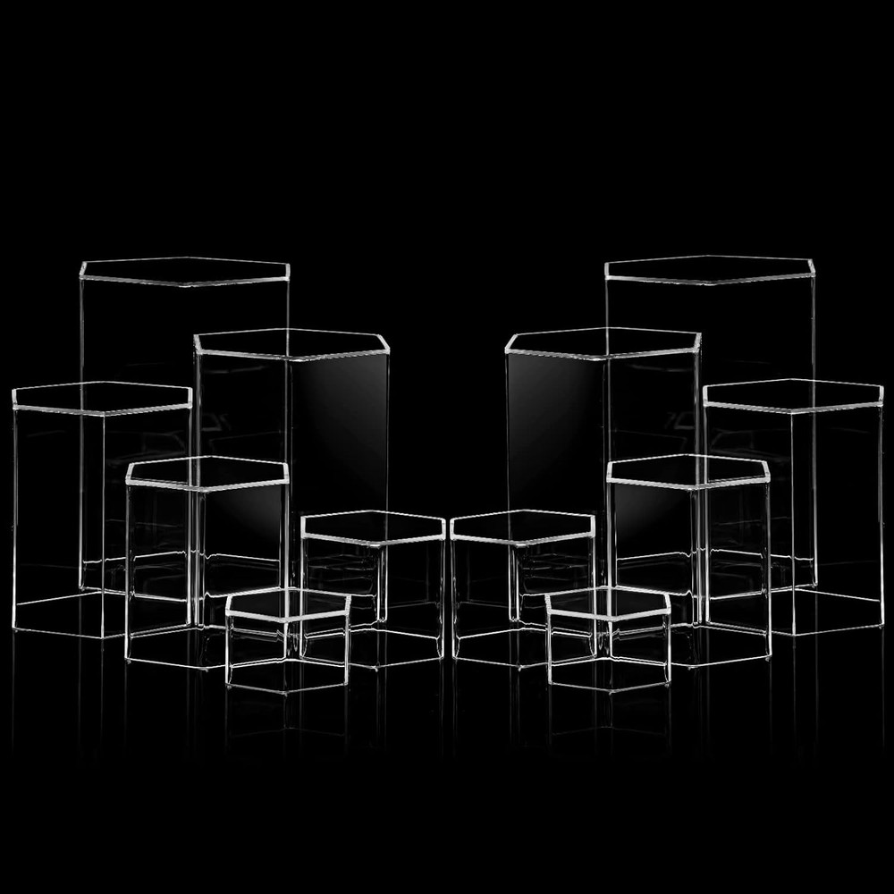 Hexagonal Acrylic Display Risers 6Pc Clear Stand Set for Jewelry Figures