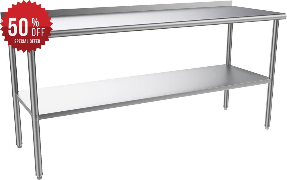 72” x 24” Stainless Steel Table for Prep & Work with Backsplash for Kitchen