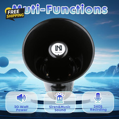 20W Rechargeable Megaphone Bullhorn BT USB Siren Record Speaker Black 240Sec