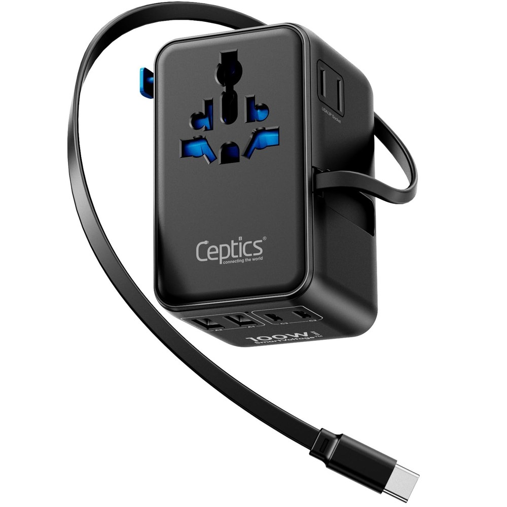 Ceptics GAN 100W Universal Travel Adapter with Retractable USB-C Cable, 2X US…