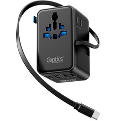 Ceptics GAN 100W Universal Travel Adapter with Retractable USB-C Cable, 2X US…