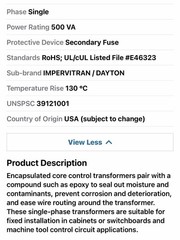Dayton Control Transformer, 500 VA, 120V AC, 208/277V AC 31EH19 Minor blemish