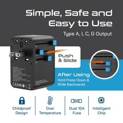 Ceptics GAN 100W Universal Travel Adapter with Retractable USB-C Cable, 2X US…