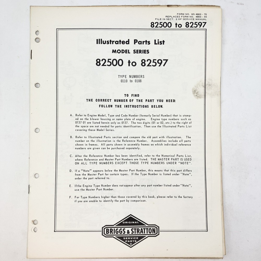 1973 Briggs & Stratton 82500-82597 Illustrated Parts List Vintage