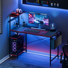 44″ Gaming Desk Computer Desk with Power Outlet & LED Light & Storage Shelves