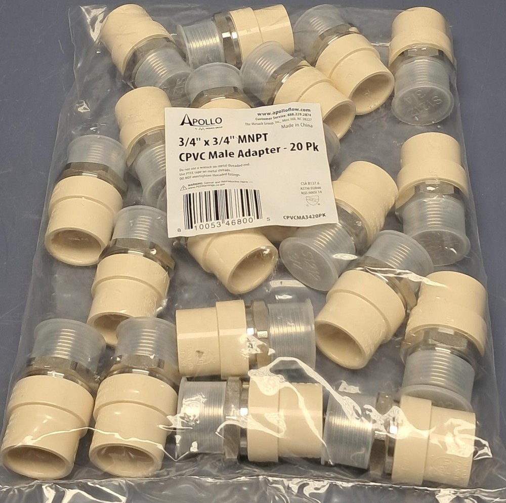 Lot of 20 Apollo – CPVCMA3420PK – 3/4″ x 3/4″ MNPT – CPVC Male Adapter