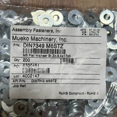 (200) Metric M6 Flat Washers – Zinc Plated 6mm Assembly Fasteners, Inc. 6.4x17x3