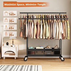 Clothes Rack, Double Rod, 210 LBS, Storage Basket, Black | Rolling Garment Ra…