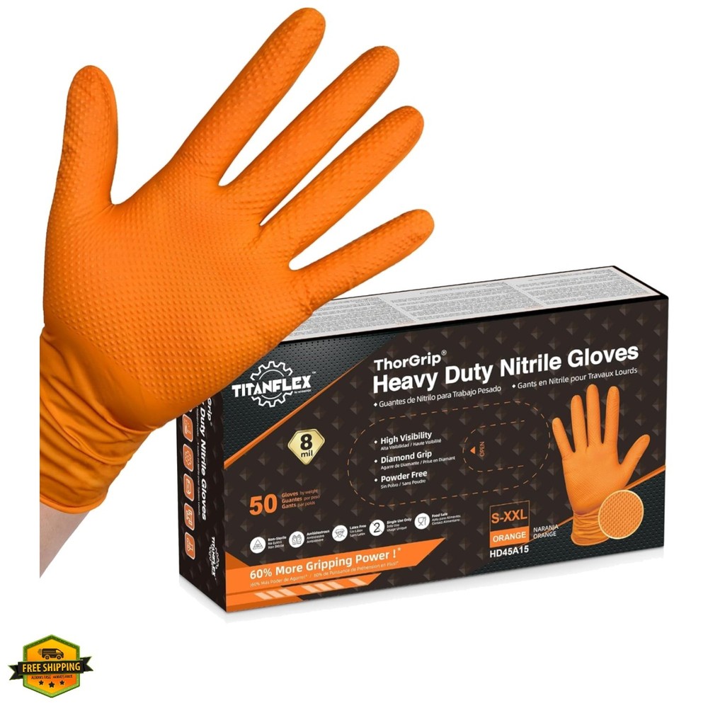 Heavy Duty Orange Industrial Nitrile Gloves with Raised Diamond Texture, Late…