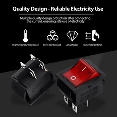 3pack 30A 250V KCD2 KCD4 Rocker Switch DPST 4 Pin Red Lighted 120V Rocker Toggle