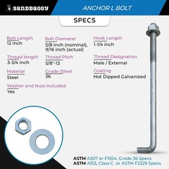 Sandbaggy 5/8″ x 12″ Threaded Concrete Anchor L-Bolts – Hot Dipped Galvanized