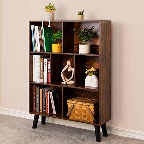 Cube Bookshelf 3 Tier Mid-Century Rustic Brown Modern Bookcase with Legs,Retro W