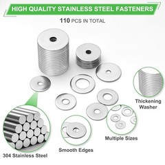 108Pcs 304 Stainless Steel Flat Washers, Fender Washers Assortment Kit 12 Sizes
