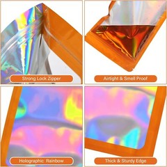 100 Pack Orange Holographic Ziplock Bags Resealable Sealable Mylar Packaging Bag