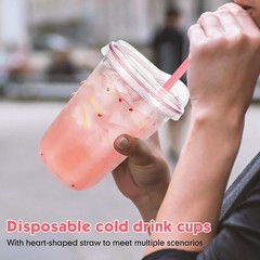 25 Sets Clear Plastic Cups with Heart Shaped Pink Straws and Strawless Lids