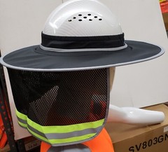 Black Hard Hat Sun Shade Visor Full Brim Mesh Neck REFLECTIVE STRIPE (NEW DESIGN