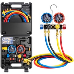4 Valve HVAC Manifold Gauge Set R410A R454B R32 R22 AC Gauges w/ 5ft Hoses Kit